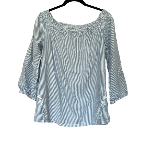 Woolrich Blue & White Stripe Off-The-Shoulder Embroidered Top Small - Picture 1 of 5